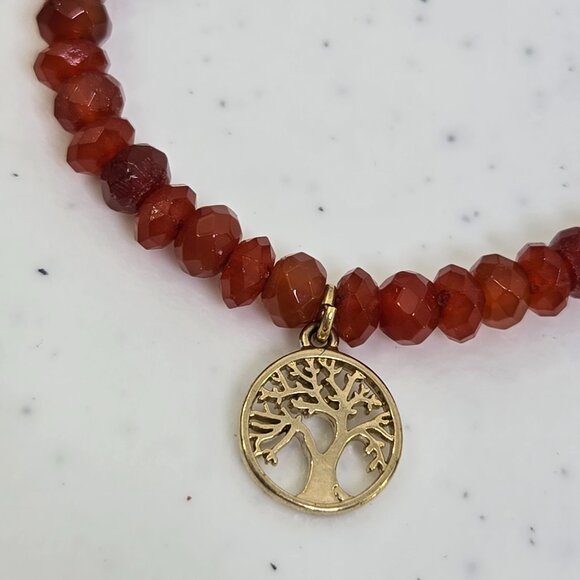 Fossil Tree Of Life Bracelet Orange Beaded Gold Tone Charm Adjustable Stretch - Picture 2 of 8